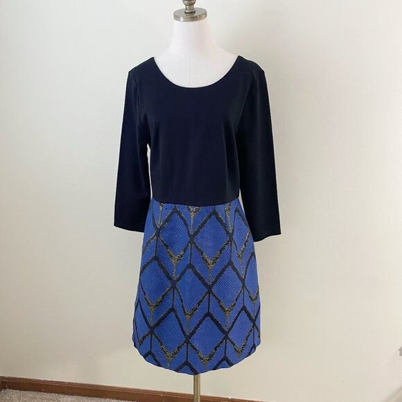 Slate & Willow Black/Blue Printed Jacquard Dress Size 12 Long Sleeve Scoop Neck - Picture 2 of 11
